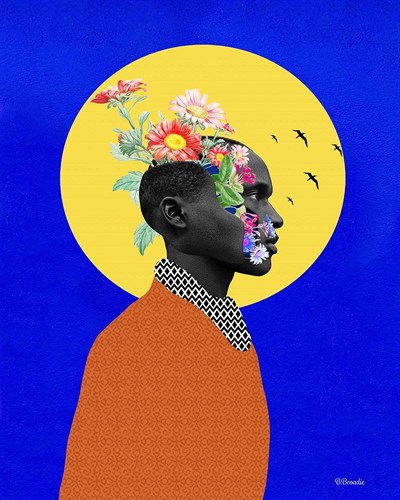 Painting of a Black man with flowers sprouting from his head. Photo