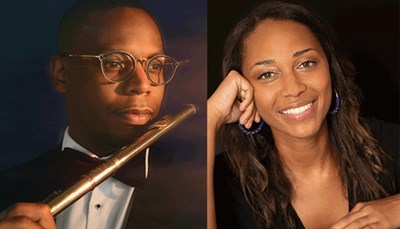 Brandon Patrick George and Leah Claiborne headshots on black background. Photo