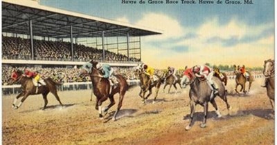 Early 20th century postcard illustration of horses racing in Havre de Grace, MD Photo