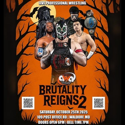 Poster for Brutality Reigns 2 featuring wrestlers on a Halloween background. Photo