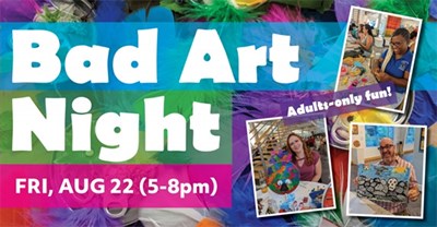 some bad art in the background with event details overlayed Photo