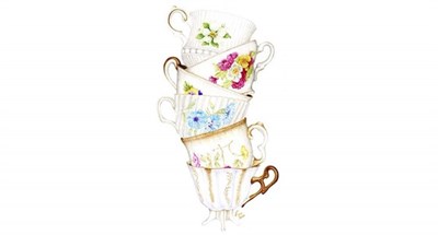 Artwork of a tilted stack of white teacups. Photo