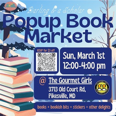 blue winter themed event flyer with a stack of books on each side. book market on March 1st, 12-4p Photo