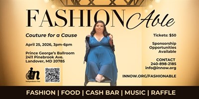 Promotional picture for FashionAble: Couture for a Cause with model in wheelchair and event details. Photo