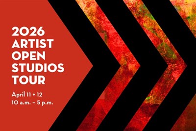 Promotional graphic for the 2026 Artist Open Studios Tour, April 11 + 12, 10 a.m. to 5 p.m. Photo