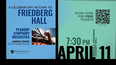Blue and green poster for A Celebratory Return to Friedberg Hall concert on April 11 at 7:30pm. Photo