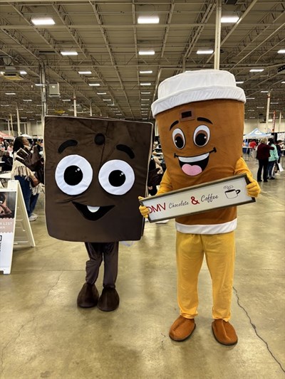 Meet Chunk the chocolate bar and Bean the coffee cup for complimentary photos! Photo