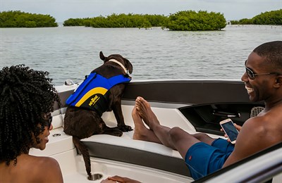 Couple with their dog relaxing on a boat  Photo