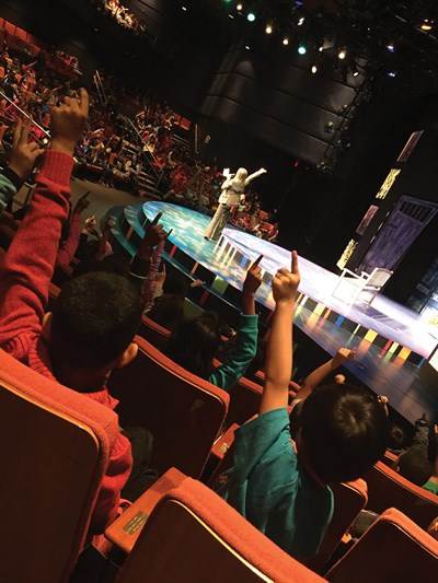 Children raising hands in a theatre. There is an adult on stage. Photo