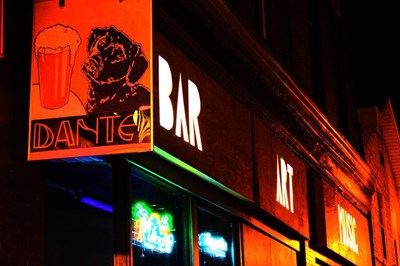 Dant's Bar, Art, Music sign lights up the night. Photo