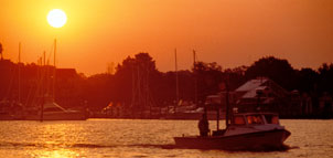 Photo of boats on the water at sunset Photo