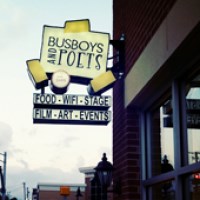 Busboys and Poets sign hangs over the Hyattsville Arts District. Photo