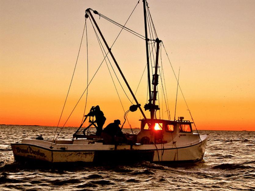 Fishing boat on the water during sunset