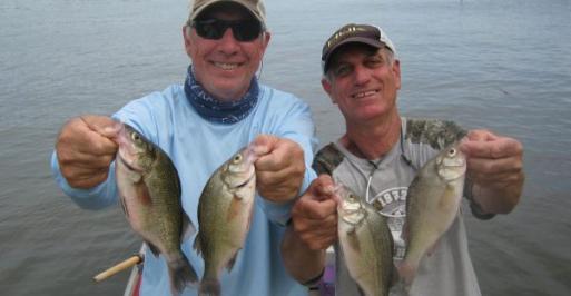 Two fishermen holding white perch