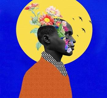 Painting of a Black man with flowers sprouting from his head. Photo