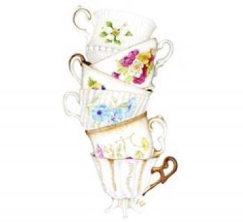 Artwork of a tilted stack of white teacups. Photo