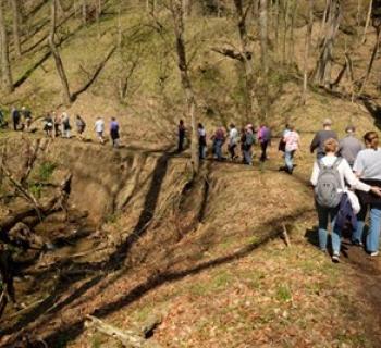Hikers on a hilly path.  Photo