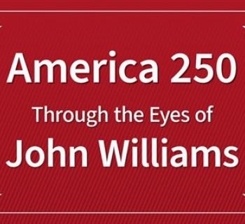 White event title text on red background. Photo