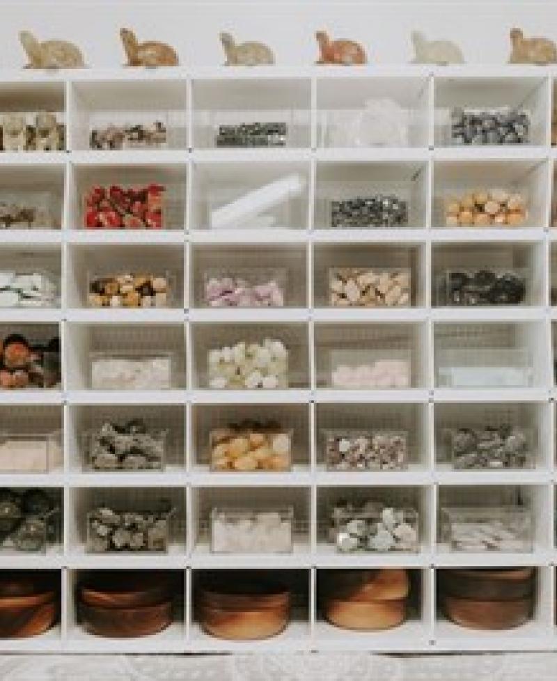 Crystals displayed on shelf Photo