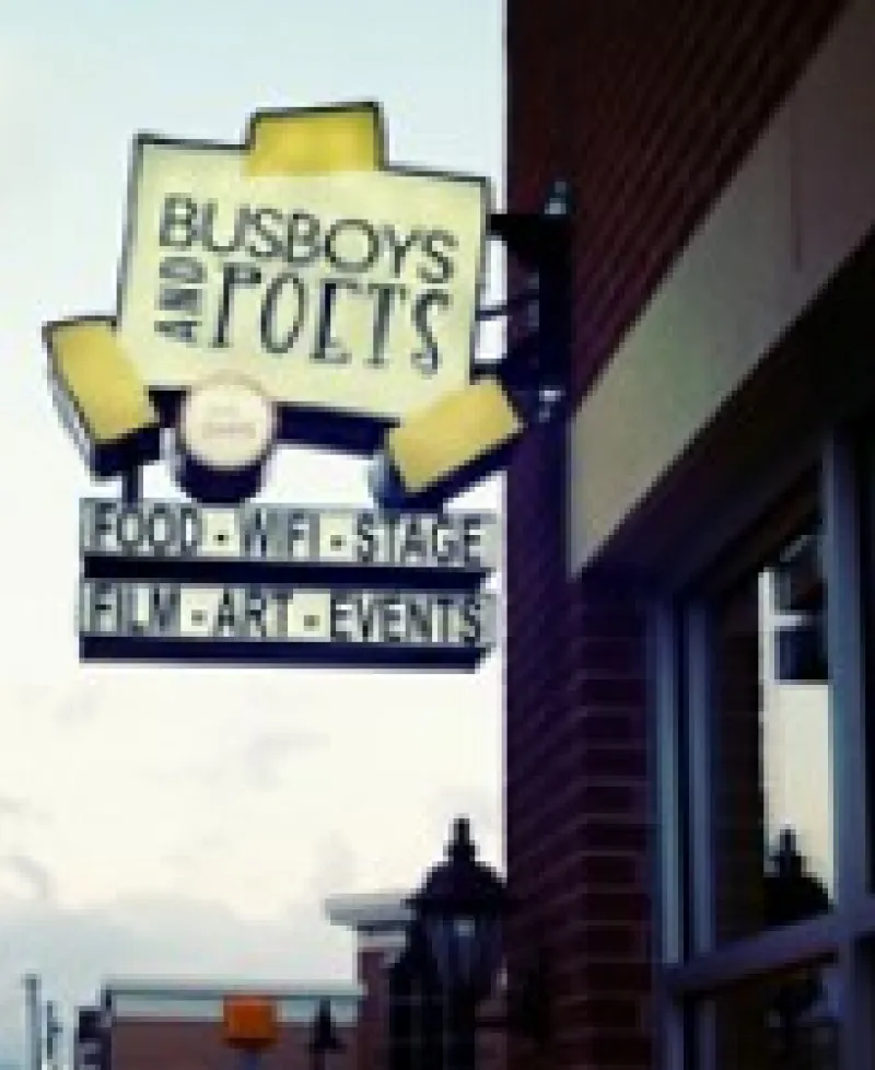Busboys and Poets sign hangs over the Hyattsville Arts District. Photo