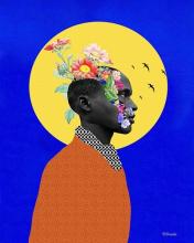 Painting of a Black man with flowers sprouting from his head. Photo