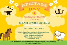 Yellow flyer with text saying Heritage Day with a horse and sheep on grass. Photo