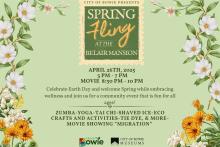 Green flyer with flowers on the side, with a schedule for a spring fling Photo